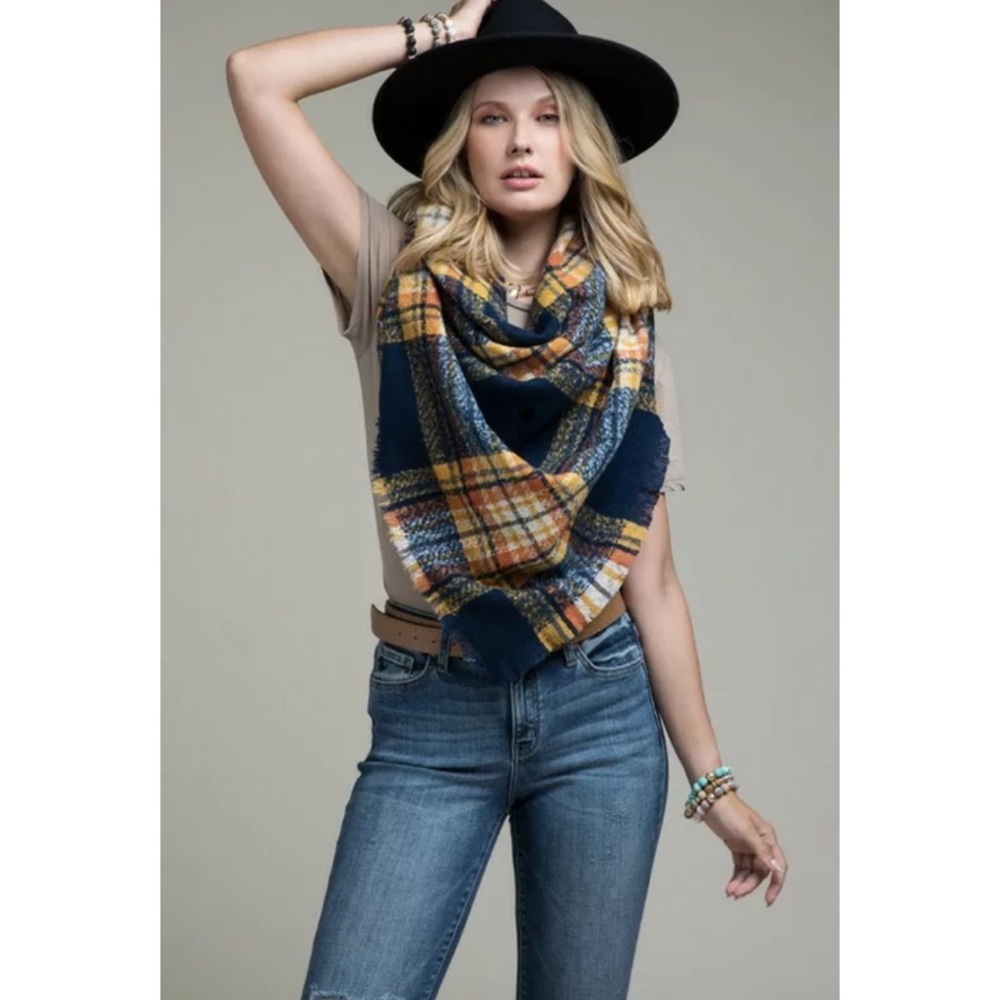 SOLD OUT Navy Glen Plaid Square Blanket Scarf - Picture 2 of 4